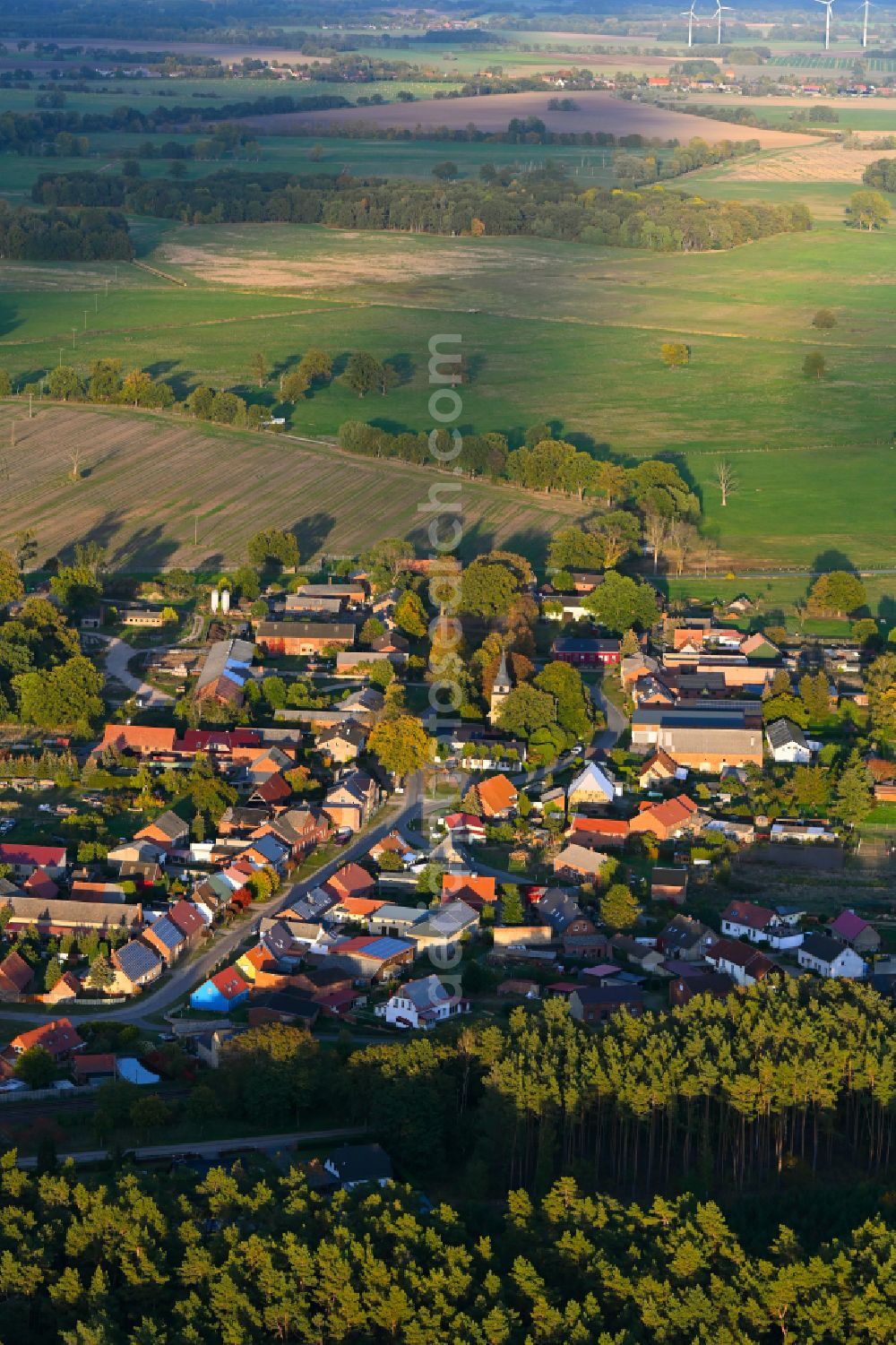 Reckenzin from above - Autumnal discolored vegetation view village view in Reckenzin in the state Brandenburg, Germany