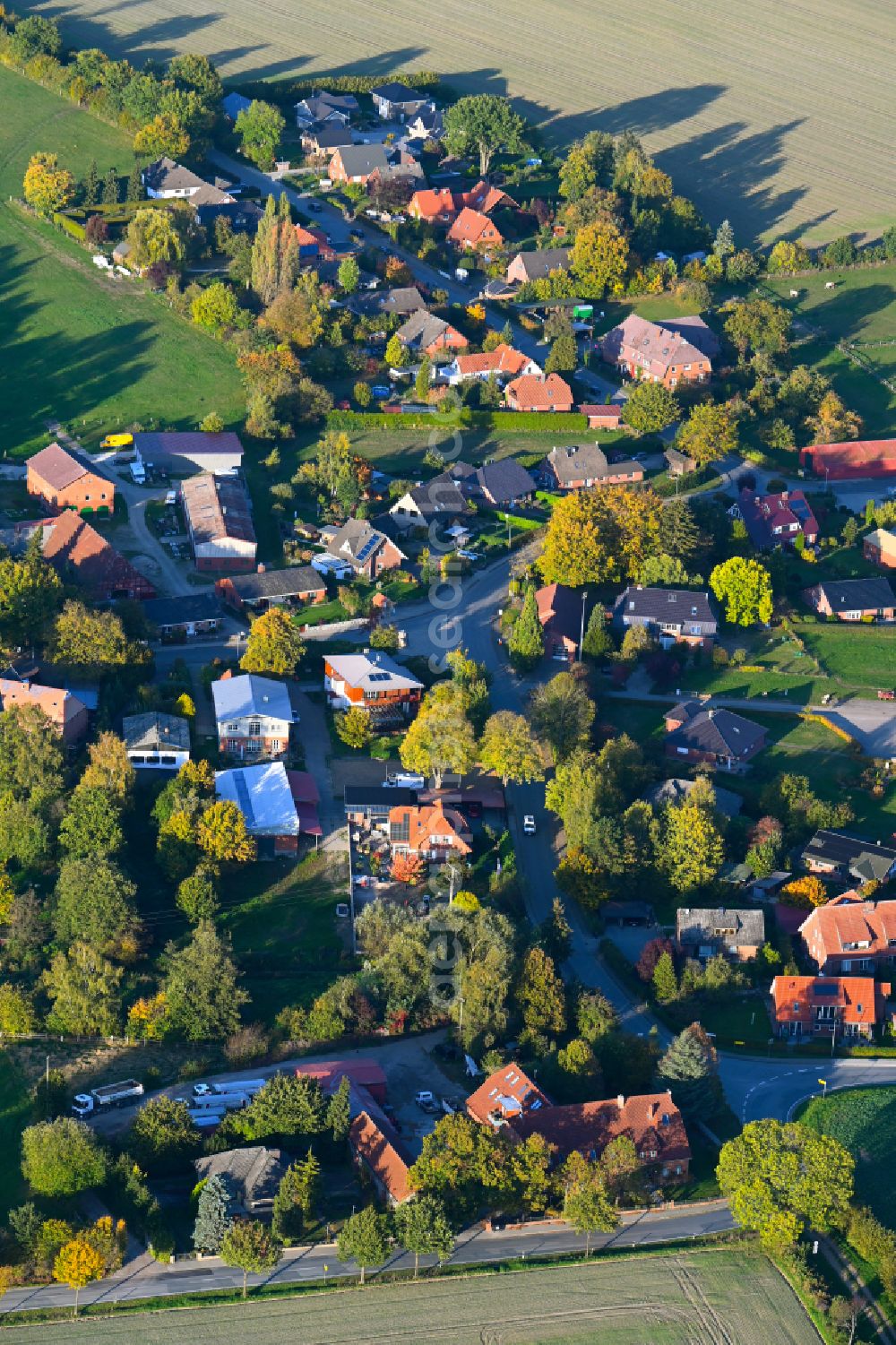 Groß Pampau from the bird's eye view: Autumnal discolored vegetation view agricultural land and field boundaries surround the settlement area of the village in Gross Pampau in the state Schleswig-Holstein, Germany