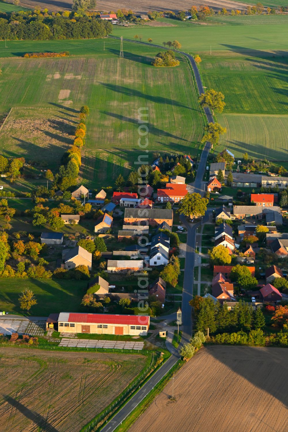 Aerial photograph Kribbe - Autumnal discolored vegetation view agricultural land and field boundaries surround the settlement area of the village in Kribbe in the state Brandenburg, Germany