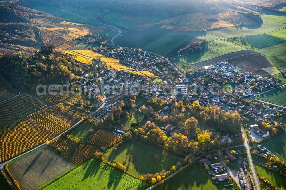 Aerial photograph Castell - Autumnal discolored vegetation view village on the edge of vineyards and wineries in the wine-growing area in Castell in the state Bavaria, Germany