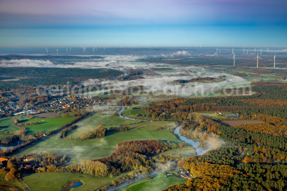 Ahsen from above - Autumnal discolored vegetation view high humidity with haze weather conditions on Fluss Lippe in Ahsen at Ruhrgebiet in the state North Rhine-Westphalia, Germany