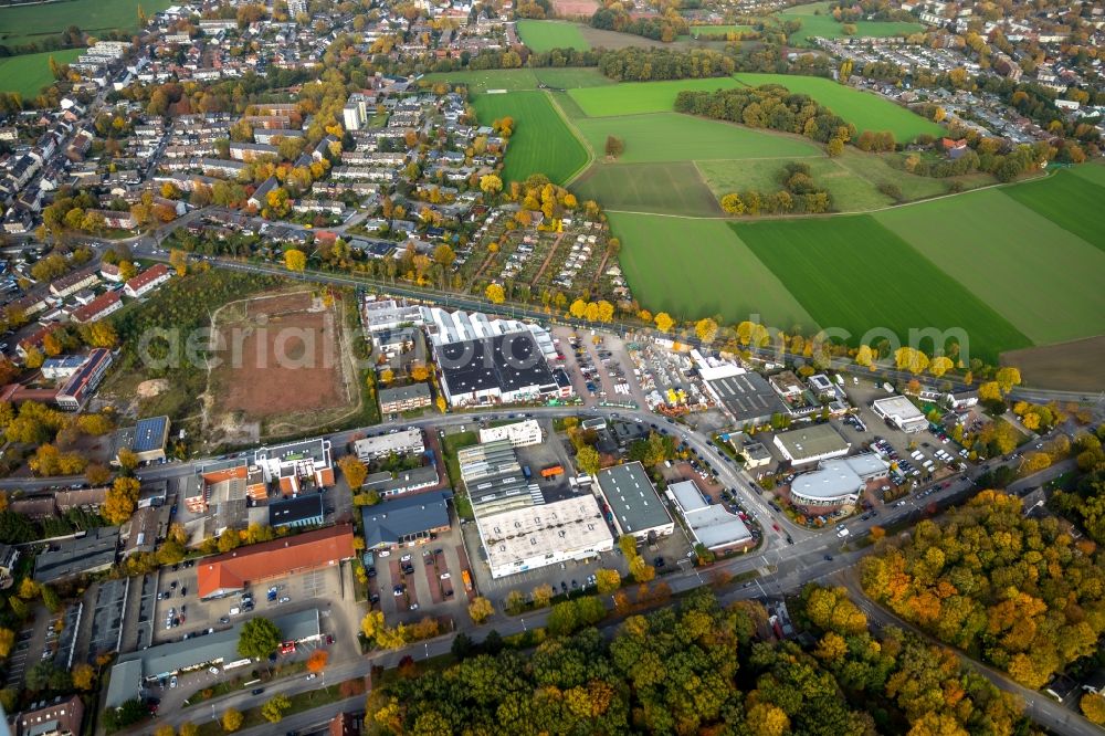 Aerial image Gladbeck - Autumnal discolored vegetation view Former sports field football pitch at Krusenkamp in Gladbeck in the state of North Rhine-Westphalia, Germany