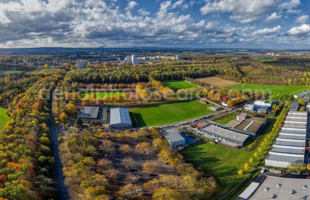 Köln from above - Autumnal discolored vegetation view ensemble of sports grounds Bezirkssportanlage Bocklemuend on street Heinrich-Rohlmann-Strasse - Hugo-Eckener-Strasse in the district Ossendorf in Cologne in the state North Rhine-Westphalia, Germany