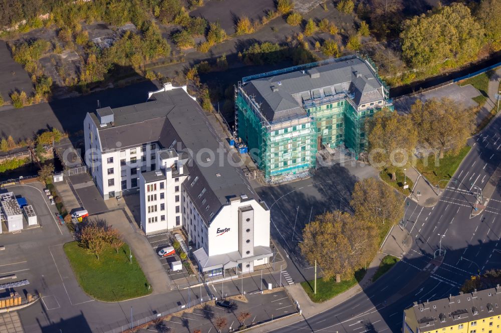 Aerial image Hagen - Autumnal discolored vegetation view company grounds and facilities of EnerSys on street Dieckstrasse in Hagen at Ruhrgebiet in the state North Rhine-Westphalia, Germany