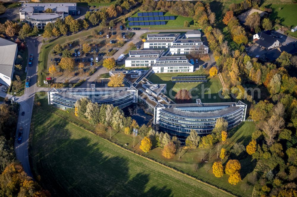 Aerial image Gladbeck - Autumnal discolored vegetation view company grounds and facilities of IWG Innovationszentrum Wiesenbusch on street Am Wiesenbusch in Gladbeck at Ruhrgebiet in the state North Rhine-Westphalia, Germany