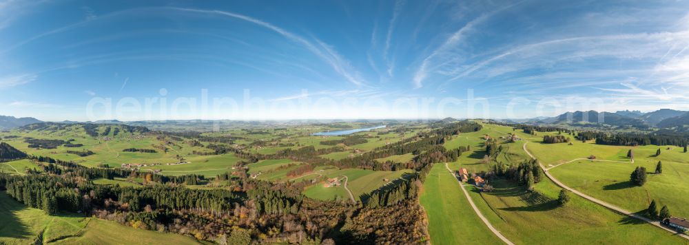 Aerial image Oy-Mittelberg - Autumnal colored landscape and vegetation view with the Rottachspeicher Lake in Oy-Mittelberg in the district of Petersthal in the state of Bavaria