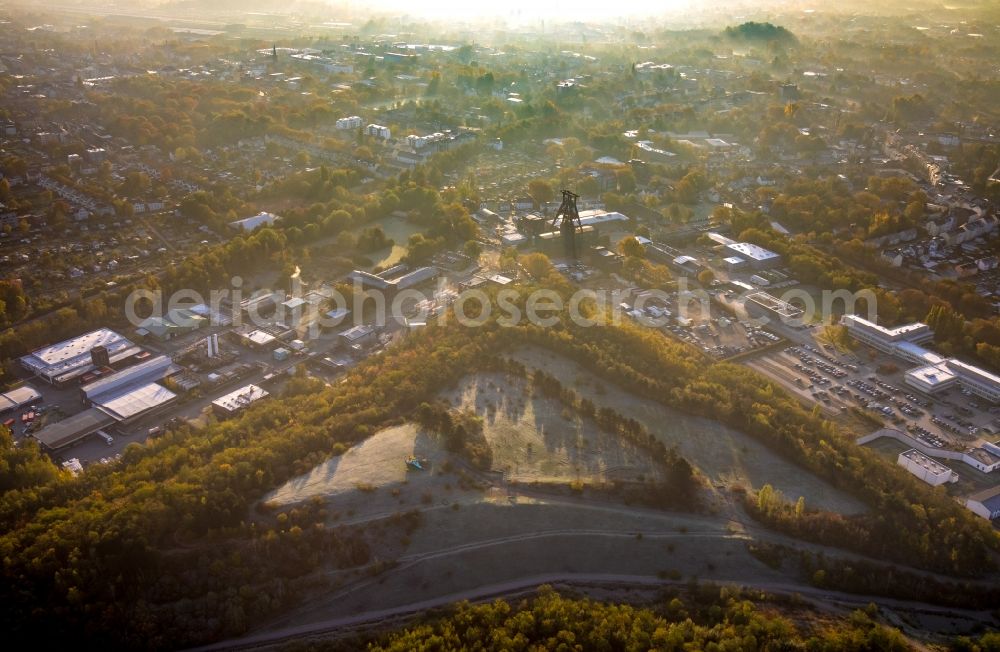 Aerial image Herne - Autumnal discolored vegetation view conveyors and mining pits at the headframe of Zeche Pluto in the district Wanne-Eickel in Herne in the state North Rhine-Westphalia, Germany