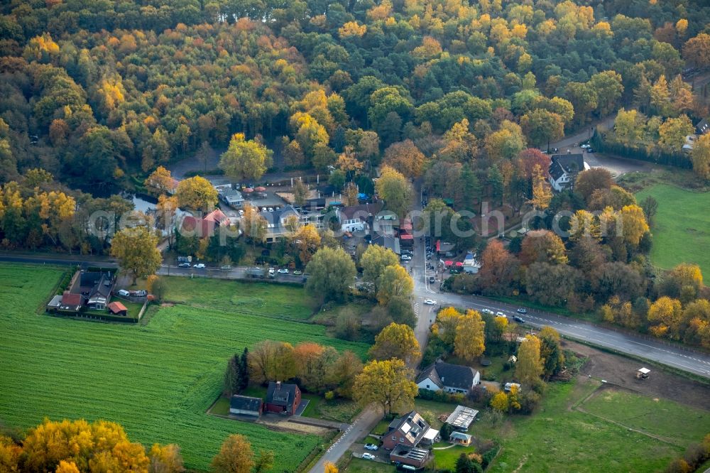 Aerial photograph Bottrop - Autumnal discolored vegetation view Tables and benches of open-air restaurants Zur Grafenmuehle in Bottrop in the state North Rhine-Westphalia, Germany