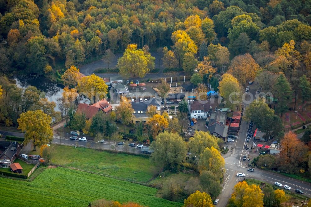 Bottrop from above - Autumnal discolored vegetation view Tables and benches of open-air restaurants Zur Grafenmuehle in Bottrop in the state North Rhine-Westphalia, Germany