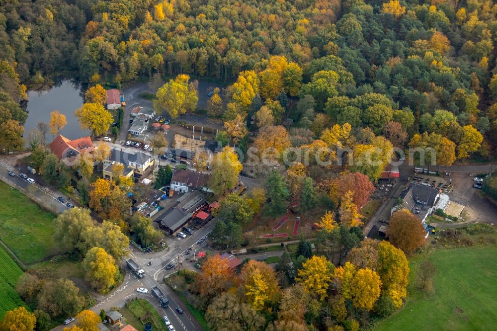 Bottrop from the bird's eye view: Autumnal discolored vegetation view Tables and benches of open-air restaurants Zur Grafenmuehle in Bottrop in the state North Rhine-Westphalia, Germany