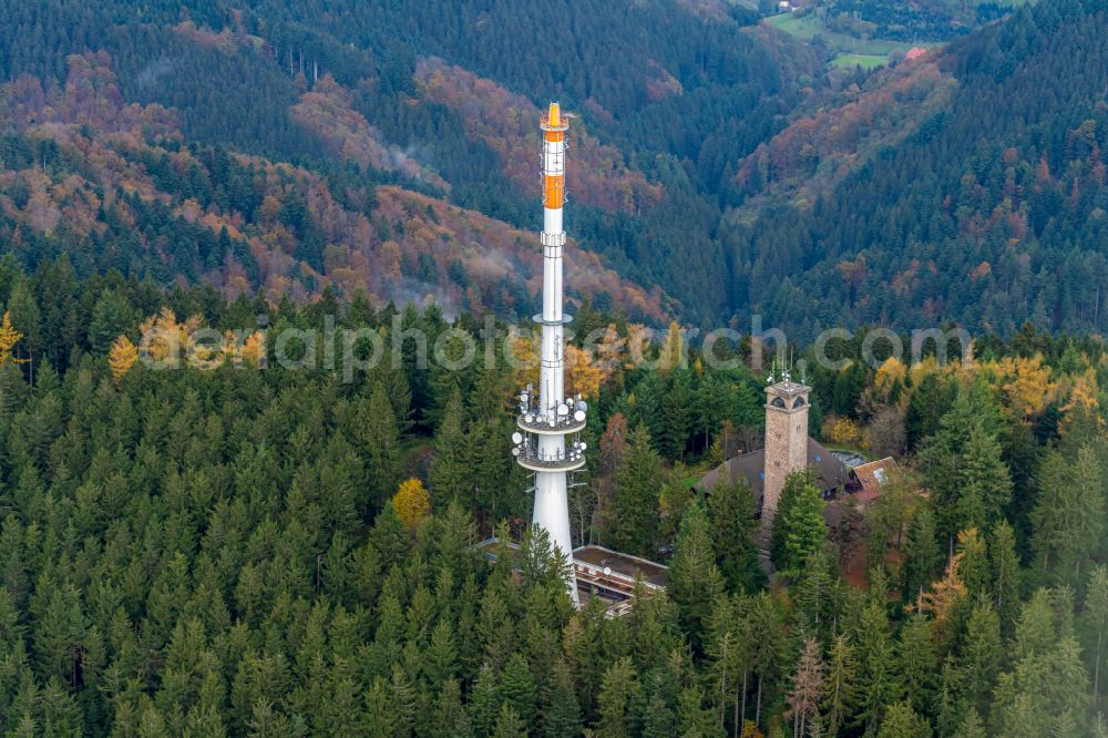 Aerial image Oberharmersbach - Autumnal discolored vegetation view radio tower and transmitter on the crest of the mountain range Am Brandenkopf in Oberharmersbach in the state Baden-Wurttemberg, Germany