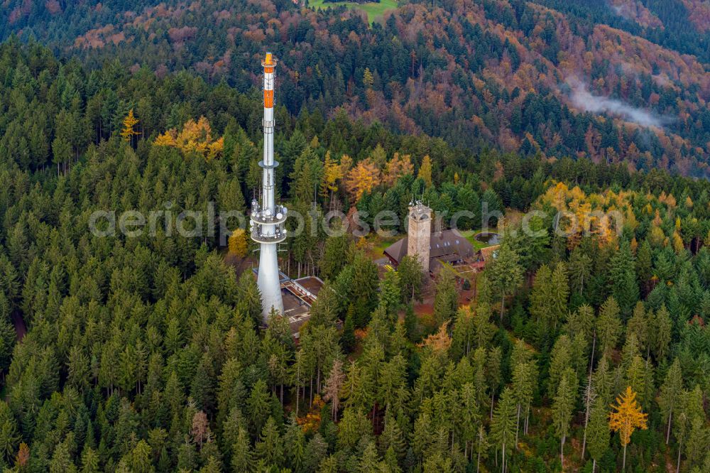 Aerial photograph Oberharmersbach - Autumnal discolored vegetation view radio tower and transmitter on the crest of the mountain range Am Brandenkopf in Oberharmersbach in the state Baden-Wurttemberg, Germany