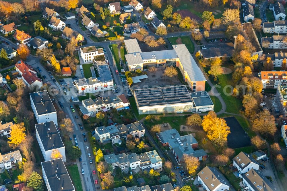 Aerial image Herbede - Autumnal discolored vegetation view roof on the building of the sports hall Horst-Schwartz-Sporthalle in Herbede in the state North Rhine-Westphalia, Germany