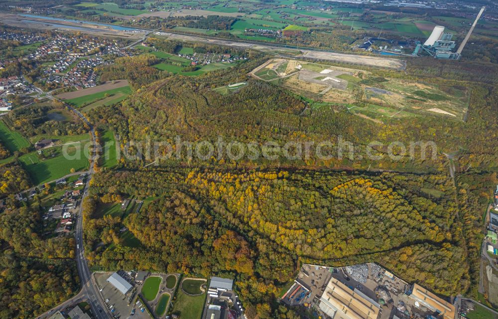 Aerial image Bergkamen - Autumnal discolored vegetation view reclamation site of the former mining dump Halde Grosses Holz in Bergkamen at Ruhrgebiet in the state North Rhine-Westphalia, Germany