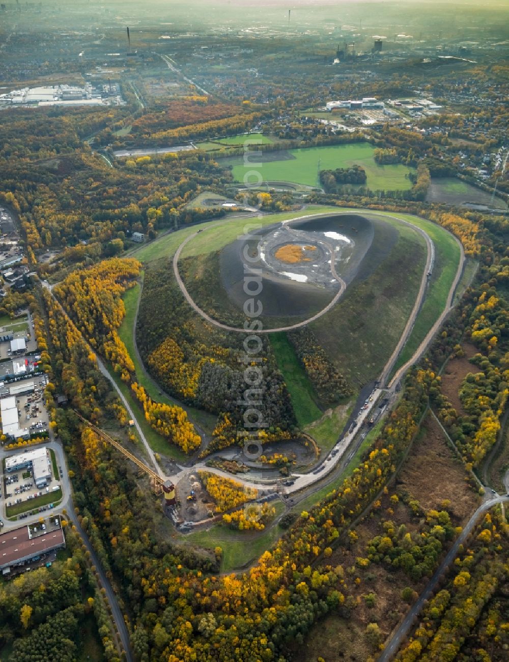 Gladbeck from above - Autumnal discolored vegetation view Recultivation terrain of the hills of the former mining dump Mottbruchhalde Nature Reserve Natroper field in Gladbeck in North Rhine-Westphalia