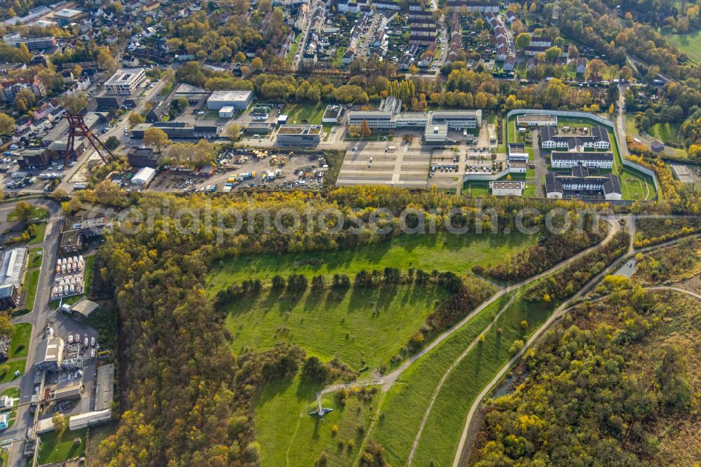 Aerial image Wanne-Eickel - Autumnal discolored vegetation view reclamation site of the former mining dump Pluto-Wilhelm in Wanne-Eickel at Ruhrgebiet in the state North Rhine-Westphalia, Germany