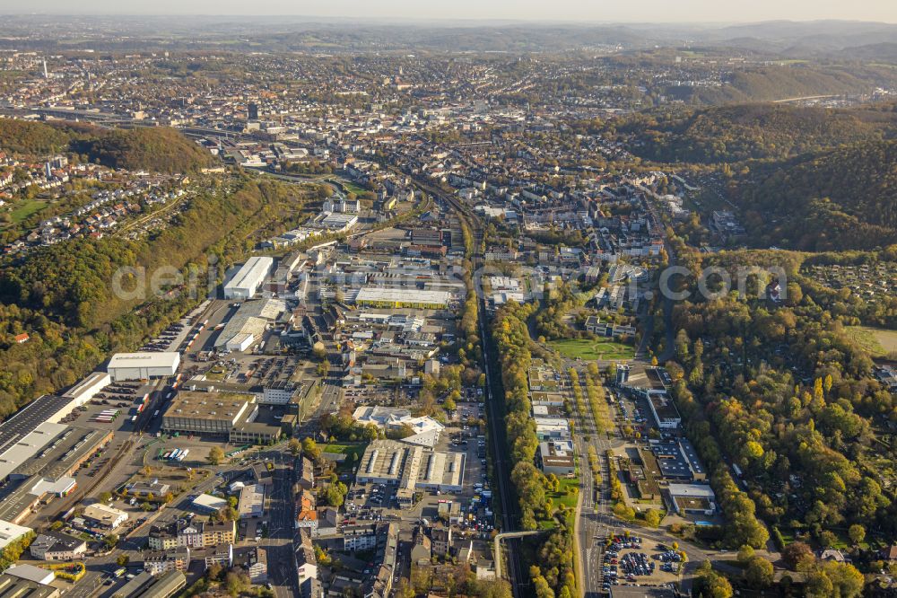 Aerial image Hagen - Autumnal discolored vegetation view industrial estate and company settlement on street Berliner Strasse in the district Haspe in Hagen at Ruhrgebiet in the state North Rhine-Westphalia, Germany