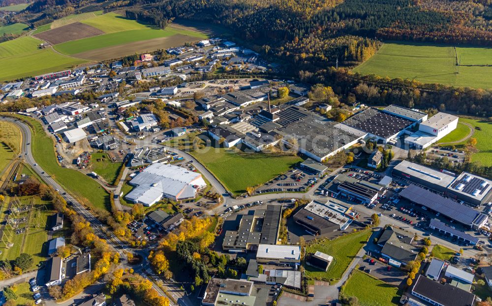 Aerial image Schmallenberg - Autumn discolored vegetation view of an industrial area and company settlement on the street Auf der Lake in Schmallenberg in the Sauerland in the state of North Rhine-Westphalia, Germany