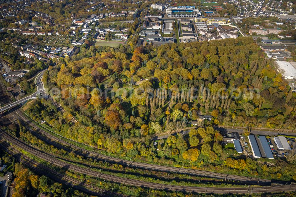 Bochum from above - Autumnal discolored vegetation view grave rows on the grounds of the cemetery Staedt. Friedhof Blumenstrasse on street Harpener Strasse in the district Innenstadt in Bochum at Ruhrgebiet in the state North Rhine-Westphalia, Germany