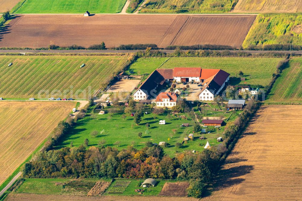 Hohberg from above - Autumnal discolored vegetation view building and manor house of the farmhouse in Hohberg in the state Baden-Wurttemberg, Germany