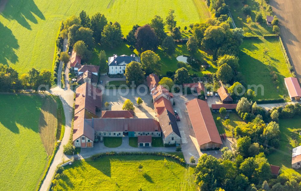 Aerial image Hornoldendorf - Autumnal discolored vegetation view historical warehouses and stables, farm buildings and manor house on the edge of agricultural fields on street Rittergutsweg in Hornoldendorf in the state North Rhine-Westphalia, Germany