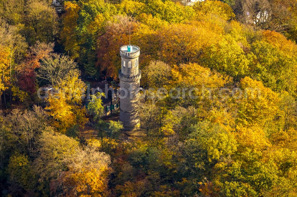Witten from above - Autumnal discolored vegetation view tree tops in a deciduous forest - forest area in the urban area in Witten in the state North Rhine-Westphalia, Germany