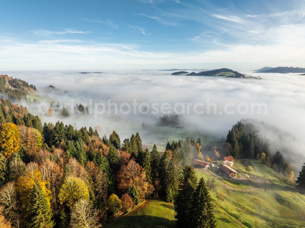 Aerial photograph Oberreute - Autumnal discolored vegetation view autumnal colored vegetation view. Weather-related fog banks and cloud layer over forest and meadow landscape in the Allgaeu in the district of Oberreute in Irsengund in the federal state of Bavaria, Germany