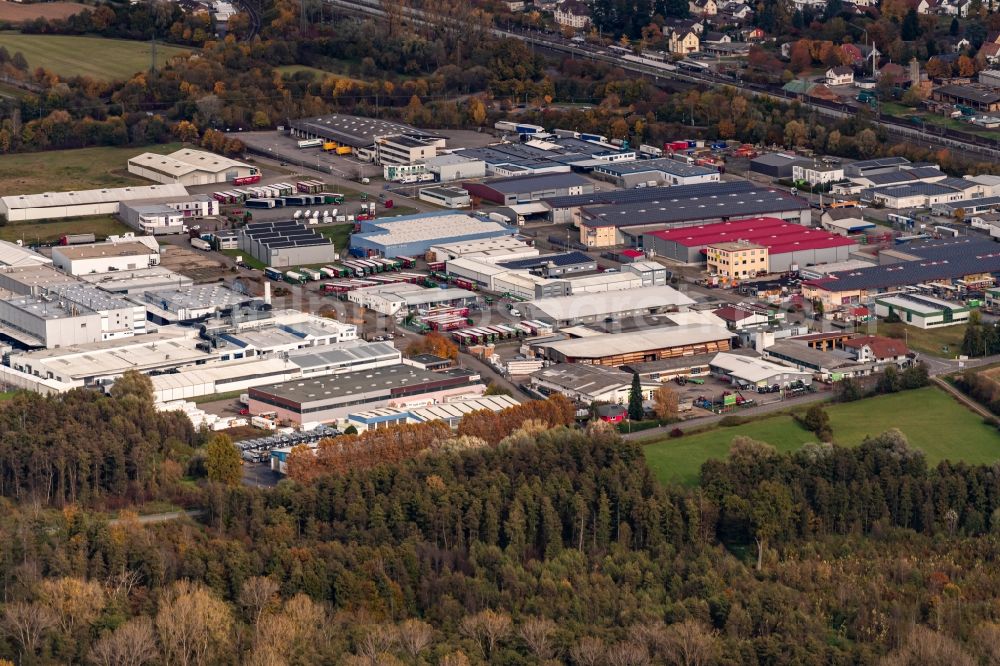 Aerial image Appenweier - Autumnal discolored vegetation view industrial and commercial area Industriestr. in Appenweier in the state Baden-Wuerttemberg