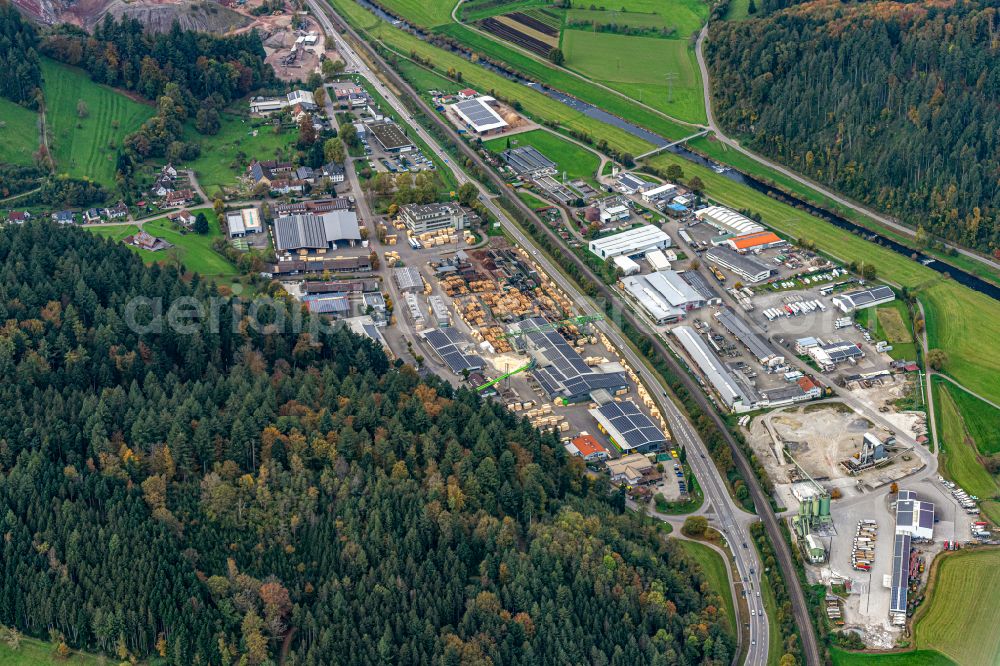 Aerial image Hausach - Autumnal discolored vegetation view industrial and commercial area West in Hausach in the state Baden-Wurttemberg, Germany