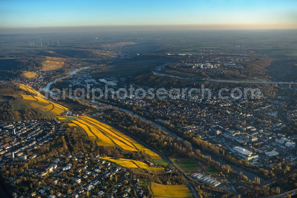 Würzburg from above - Autumnal discolored vegetation view cityscape of the district on the banks of the Main river in the district Heidingsfeld in Wuerzburg in the state Bavaria, Germany