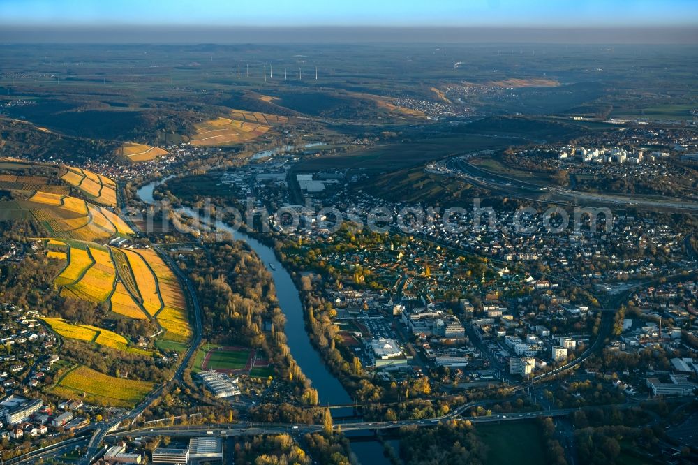 Aerial image Würzburg - Autumnal discolored vegetation view cityscape of the district on the banks of the Main river in the district Heidingsfeld in Wuerzburg in the state Bavaria, Germany