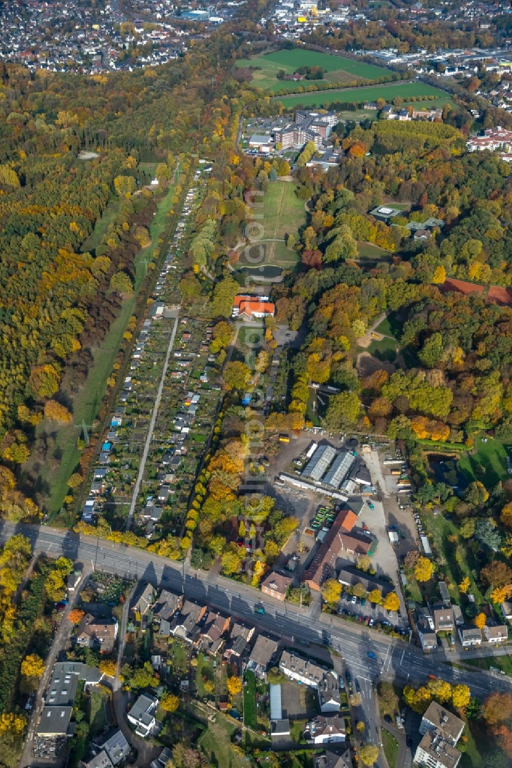 Aerial photograph Bottrop - Autumnal discolored vegetation view Storage area and building yard of the city administration Bottrop in Bottrop in the federal state North Rhine-Westphalia, Germany