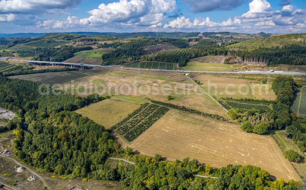 Bestwig from above - Autumnal discolored vegetation view agricultural fields surround the lanes of the motorway route and the route of the BAB A 46 in Bestwig at Sauerland in the state North Rhine-Westphalia, Germany