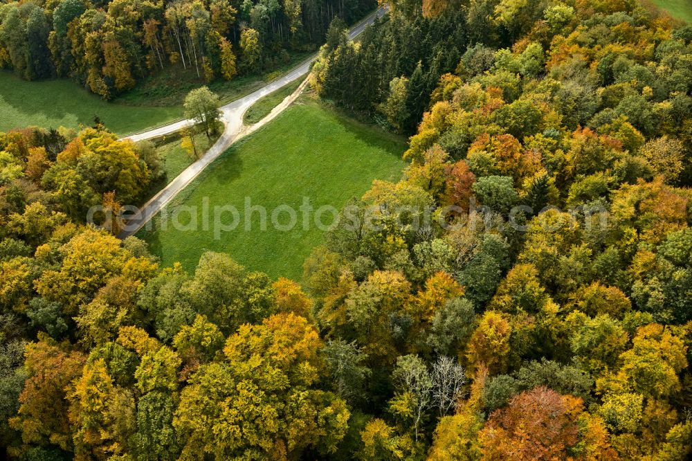 Aerial image Wiesensteig - Autumnal colored vegetation view of deciduous and mixed forest treetops in a forest area on the road Heidentalweg in Wiesensteig Swabian Alb in the state of Baden-Wuerttemberg, Germany