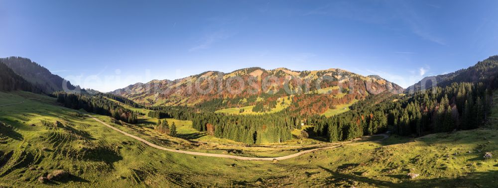 Aerial photograph Lecknertal - Autumnal colored vegetation view in the Lecknertal in the Bregenz Forest with the Nagelfluh mountain range in Vorarlberg, Austria