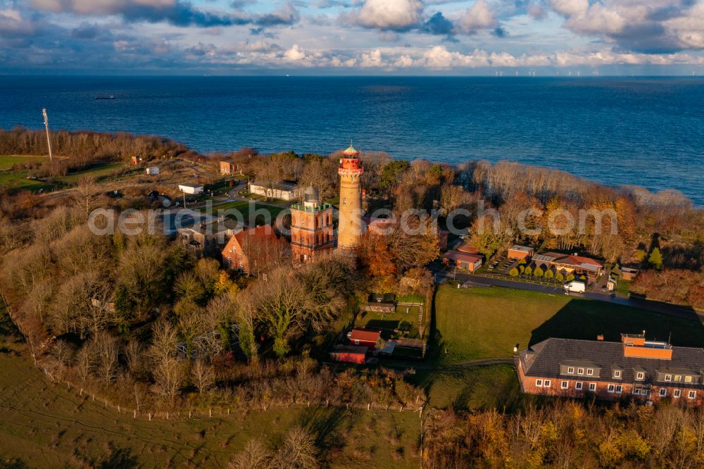 Aerial photograph Putgarten - Autumnal discolored vegetation view lighthouse as a historic seafaring character in the coastal area of Kap Arkona in Putgarten in the state Mecklenburg - Western Pomerania, Germany