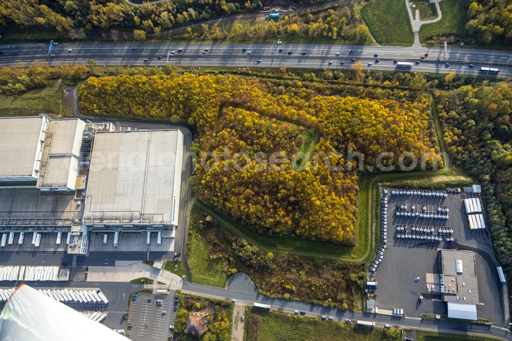 Wanne-Eickel from the bird's eye view: Autumnal discolored vegetation view complex on the site of the logistic center of NORDFROST GmbH & Co. KG Am Malakowturm in Wanne-Eickel in the state North Rhine-Westphalia, Germany