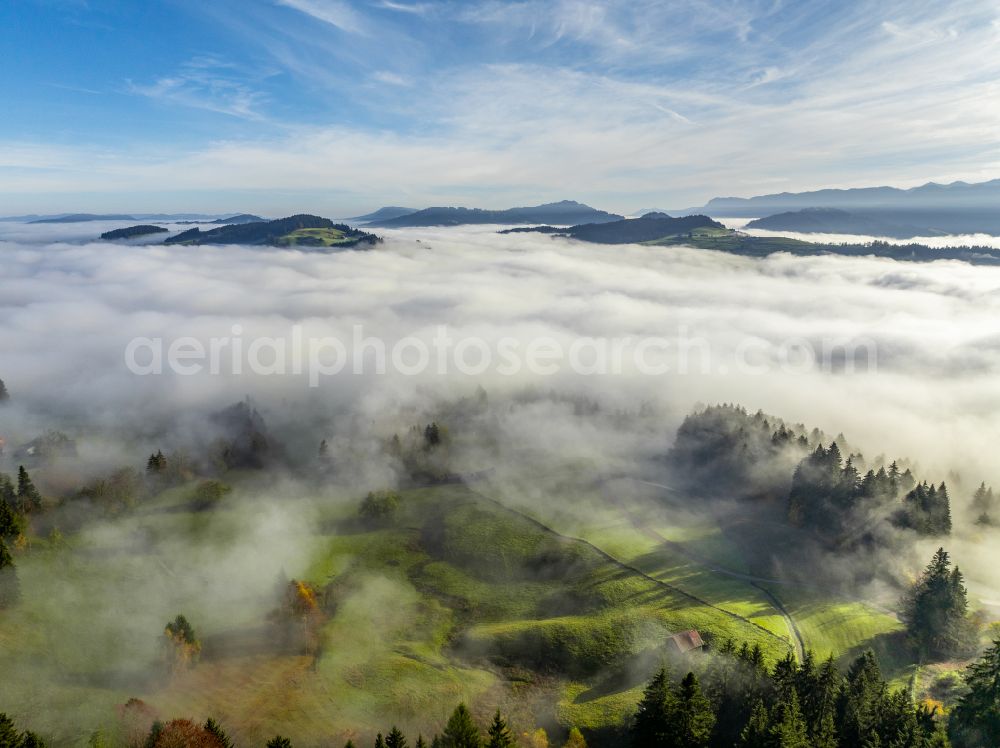 Aerial image Irsengund - Autumnal colored vegetation view. Weather-related fog banks and cloud layer over forest and meadow landscape in the Allgaeu in the district of Oberreute in Irsengund in the federal state of Bavaria, Germany