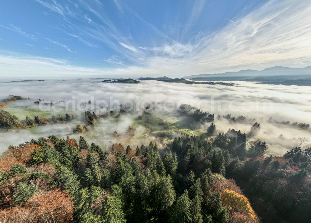 Irsengund from the bird's eye view: Autumnal colored vegetation view. Weather-related fog banks and cloud layer over forest and meadow landscape in the Allgaeu in the district of Oberreute in Irsengund in the federal state of Bavaria, Germany