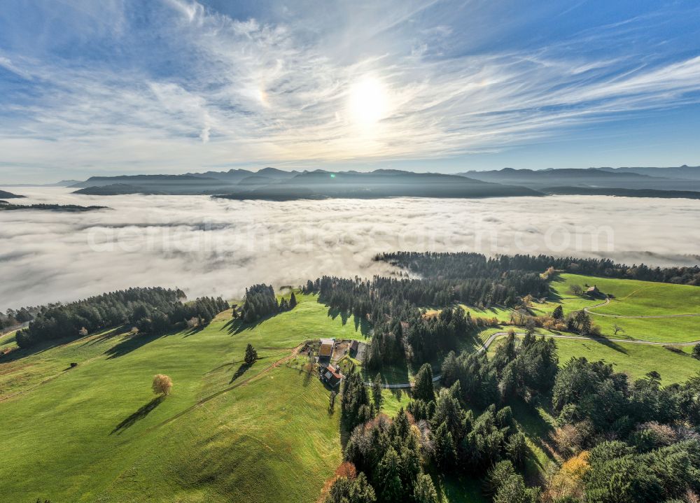 Aerial photograph Irsengund - Autumnal colored vegetation view. Weather-related fog banks and cloud layer over forest and meadow landscape in the Allgaeu in the district of Oberreute in Irsengund in the federal state of Bavaria, Germany