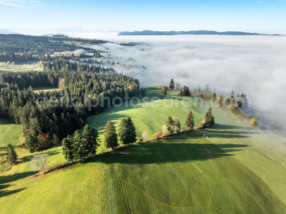 Irsengund from the bird's eye view: Autumnal colored vegetation view. Weather-related fog banks and cloud layer over forest and meadow landscape in the Allgaeu in the district of Oberreute in Irsengund in the federal state of Bavaria, Germany