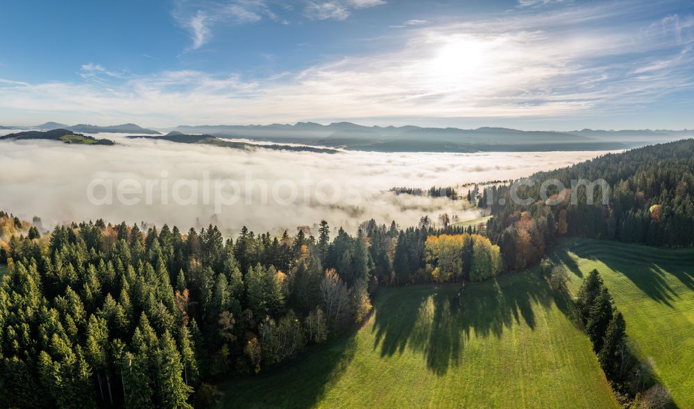 Irsengund from the bird's eye view: Autumnal colored vegetation view. Weather-related fog banks and cloud layer over forest and meadow landscape in the Allgaeu in the district of Oberreute in Irsengund in the federal state of Bavaria, Germany