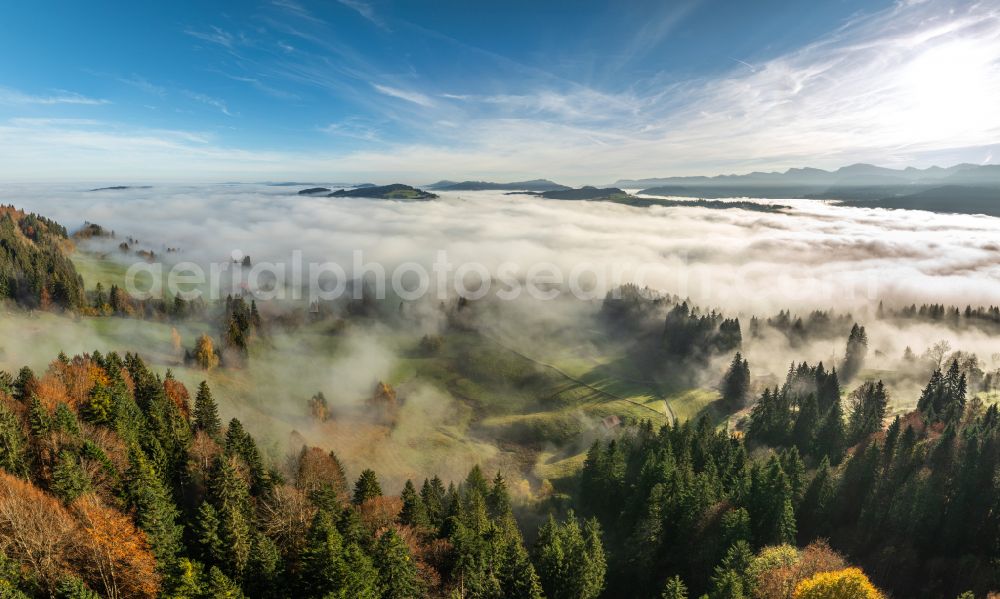 Aerial photograph Irsengund - Autumnal colored vegetation view. Weather-related fog banks and cloud layer over forest and meadow landscape in the Allgaeu in the district of Oberreute in Irsengund in the federal state of Bavaria, Germany