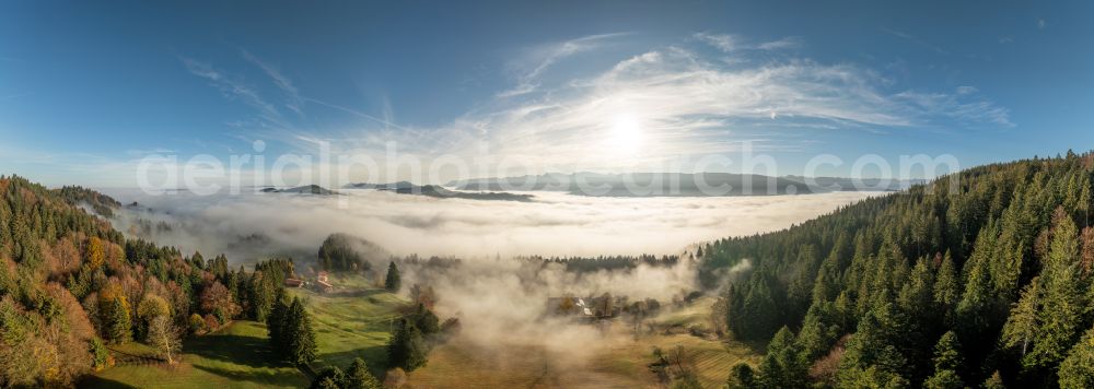 Irsengund from the bird's eye view: Autumnal colored vegetation view. Weather-related fog banks and cloud layer over forest and meadow landscape in the Allgaeu in the district of Oberreute in Irsengund in the federal state of Bavaria, Germany