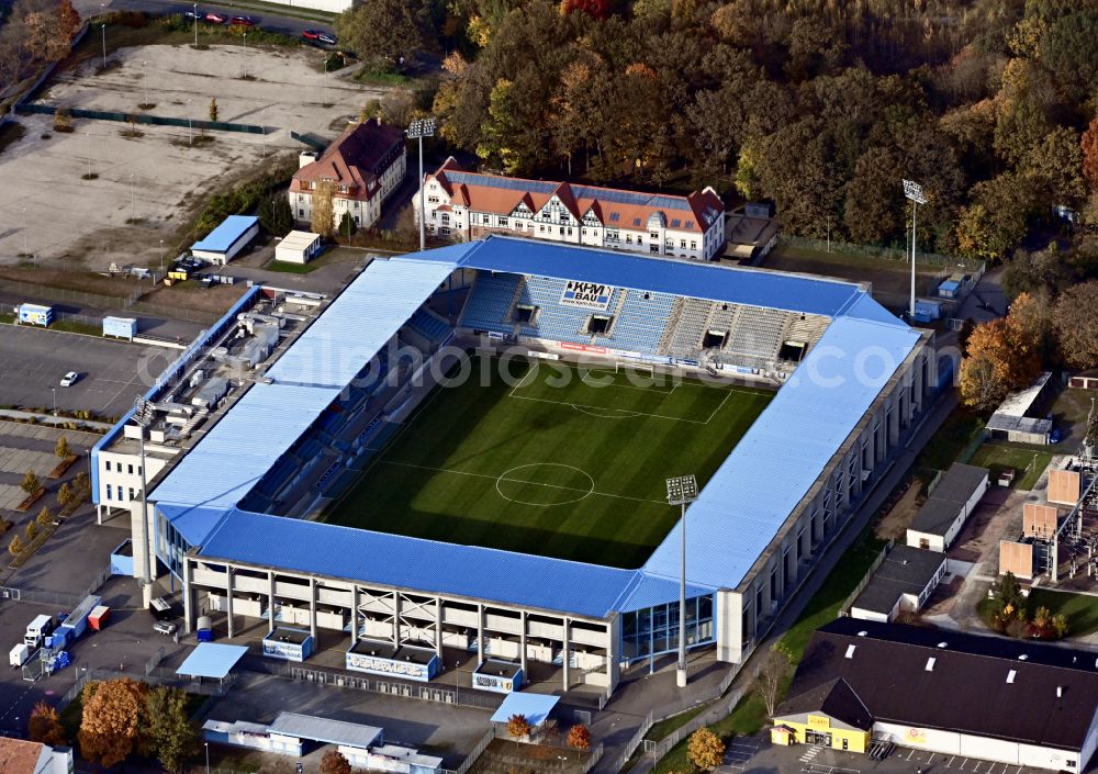 Aerial image Chemnitz - Autumnal discolored vegetation view new building of the football stadium community4you ARENA of FC Chemnitz in Saxony