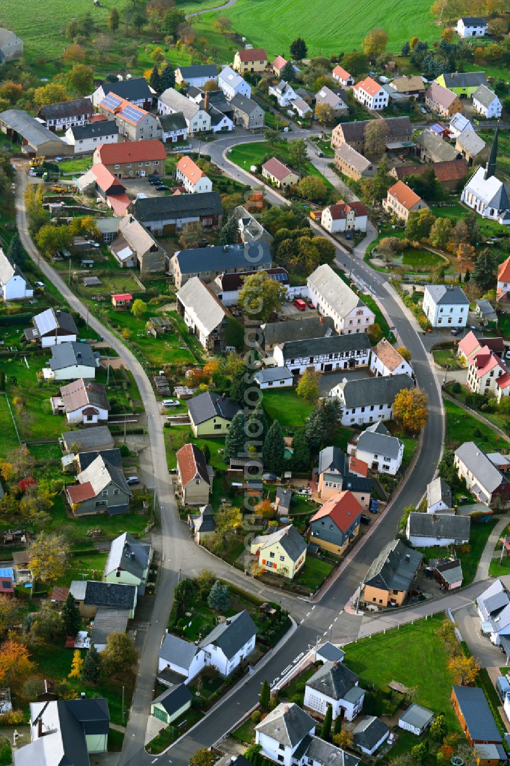 Aerial photograph Lastau - Autumnal discolored vegetation view village view on the edge of agricultural fields and land in Lastau in the state Saxony, Germany