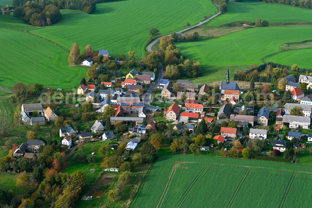 Aerial photograph Lastau - Autumnal discolored vegetation view village view on the edge of agricultural fields and land in Lastau in the state Saxony, Germany