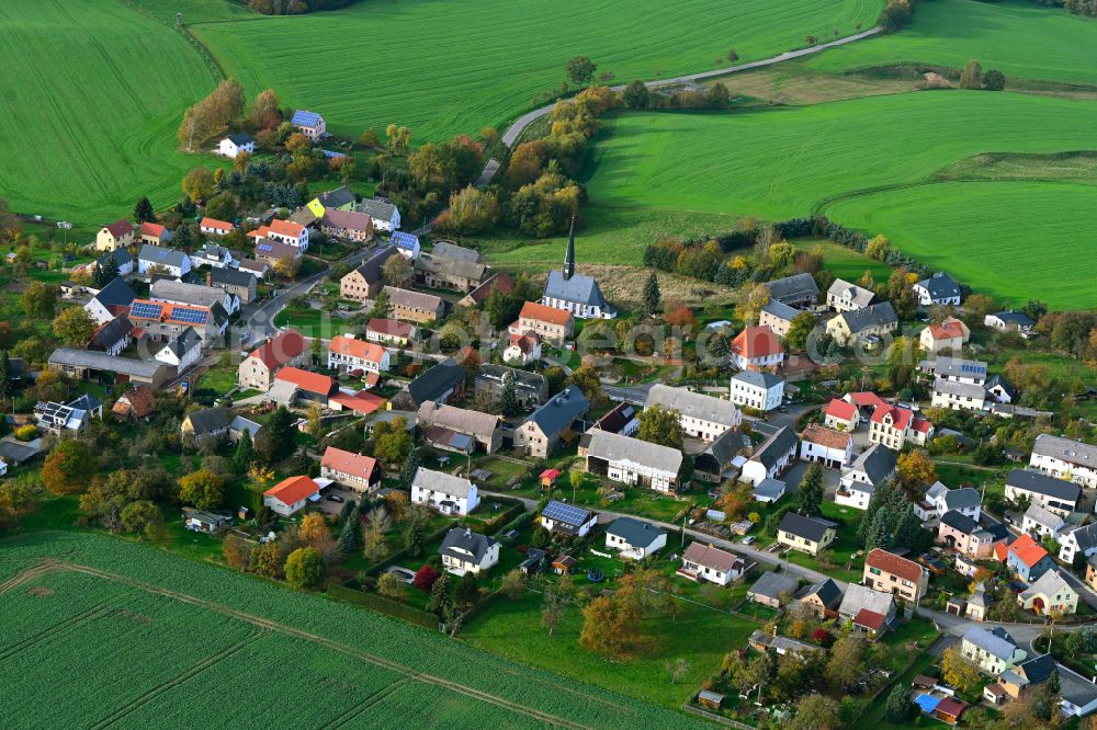 Lastau from above - Autumnal discolored vegetation view village view on the edge of agricultural fields and land in Lastau in the state Saxony, Germany