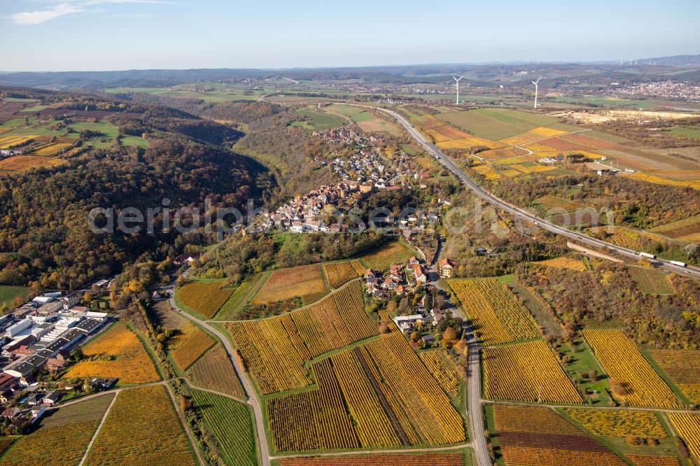 Aerial image Neuleiningen - Autumnal discolored vegetation view town center on the edge of vineyards and wineries in the wine-growing area in Neuleiningen in the state Rhineland-Palatinate, Germany