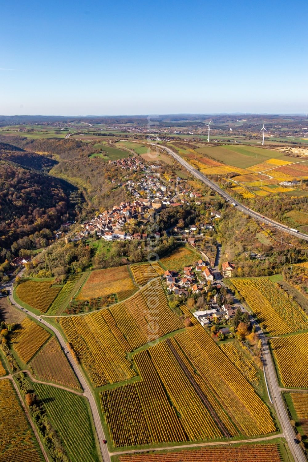 Aerial photograph Neuleiningen - Autumnal discolored vegetation view town center on the edge of vineyards and wineries in the wine-growing area in Neuleiningen in the state Rhineland-Palatinate, Germany